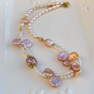 N45-Handmade High Luster Pink Petal Pearl,Purple Edison And White Pearl Necklace